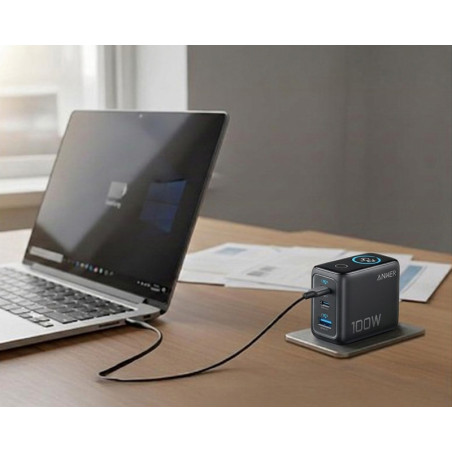 100W GaN zidni brzi punjač, 3-porta (2x USB-C i 1x USB-A) sa USB-C M/M pletenim kablom, tamno sivi