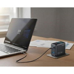 100W GaN zidni brzi punjač, 3-porta (2x USB-C i 1x USB-A) sa USB-C M/M pletenim kablom, tamno sivi